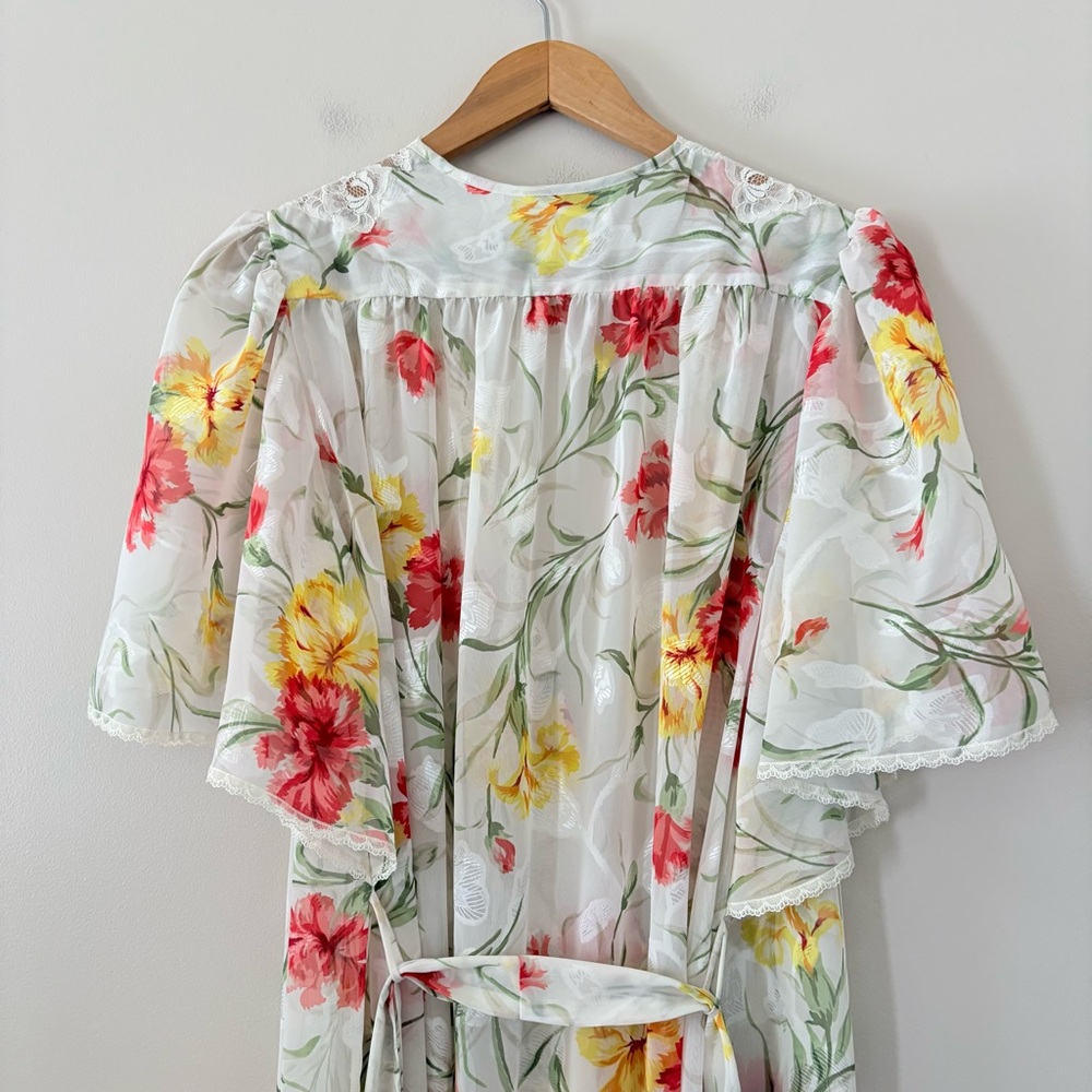 Natori Floral Sheer Lace Trim Wrap Robe Maxi‎ Romantic Vintage Lingerie Small - Picture 11 of 14